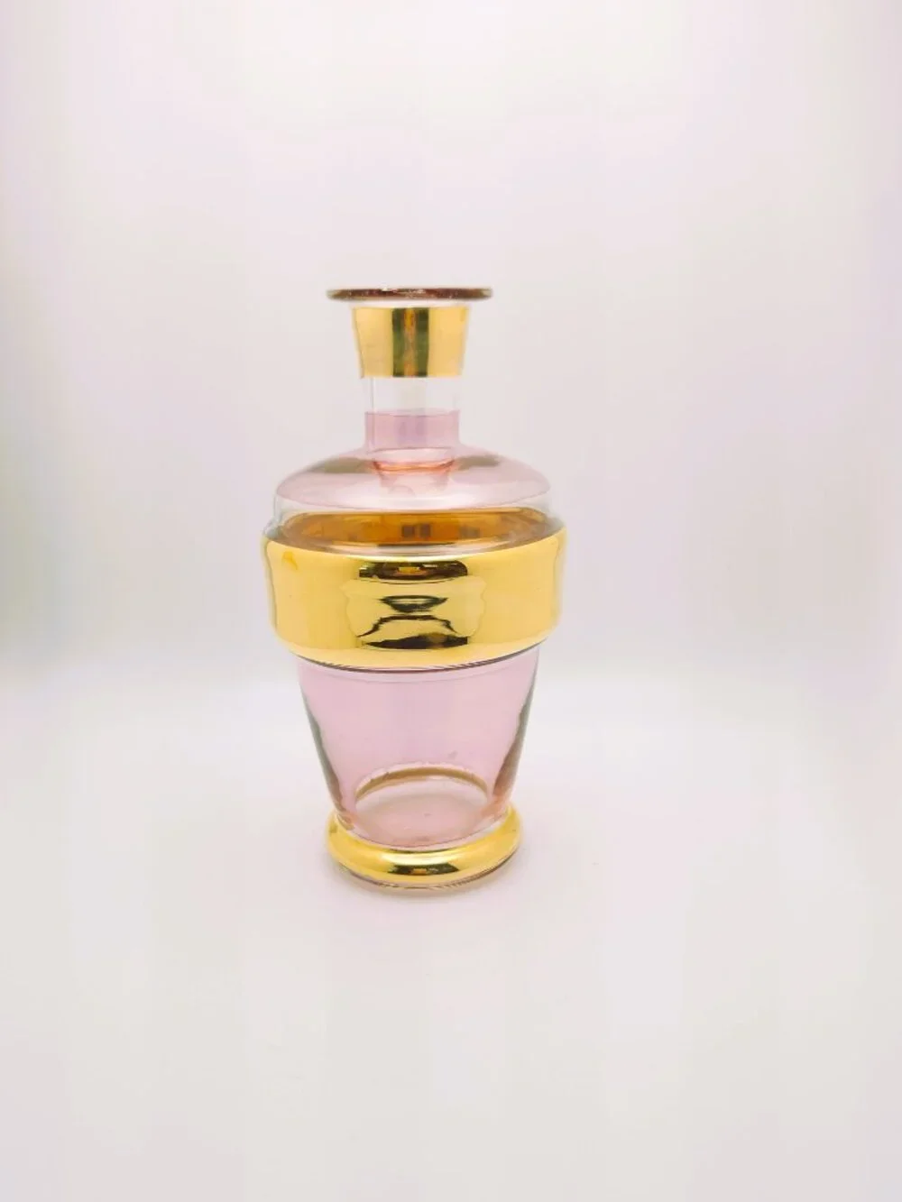 Vintage Pink Glass Gold Band Decanter Bottle MCM Hollywood Regency 8